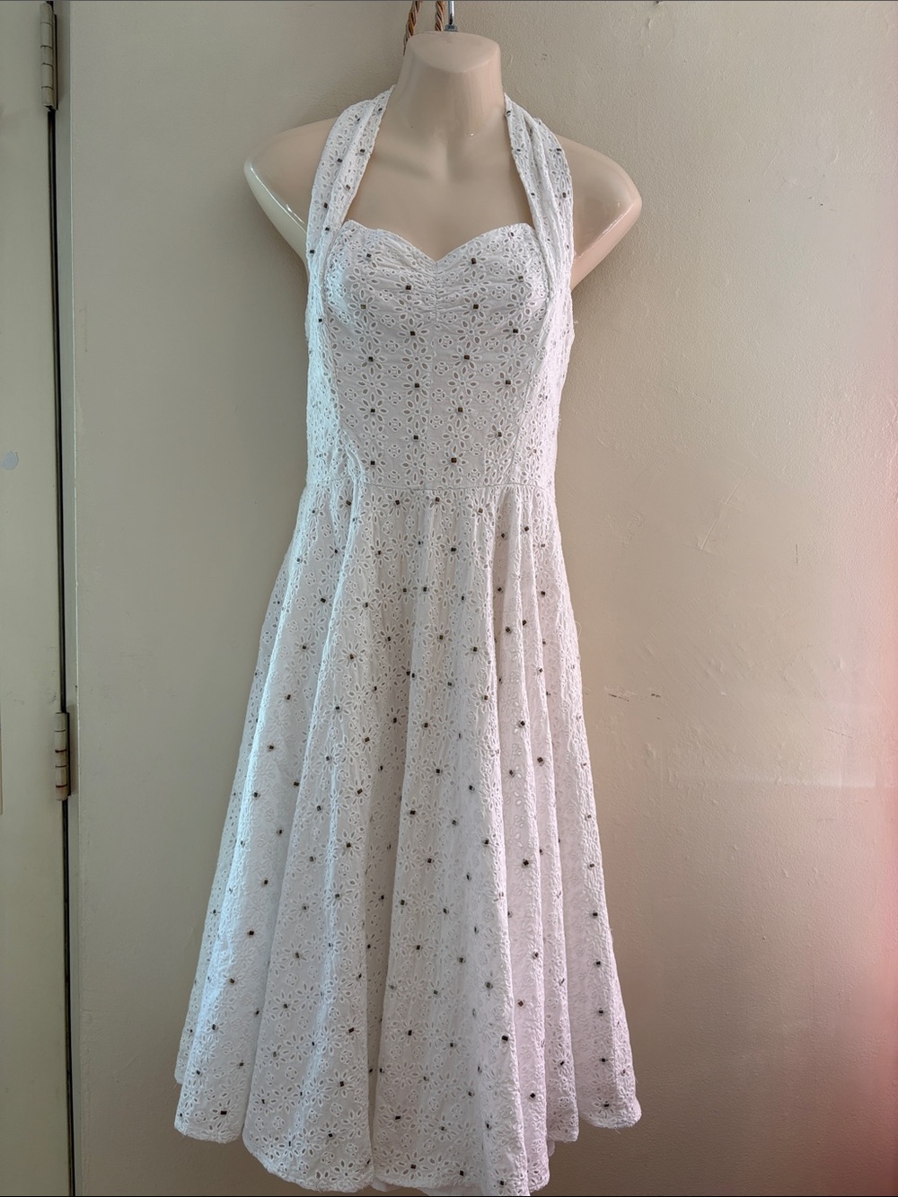 Diane Von Furstenberg White One-Shoulder Eyelet Halter Midi Dress. COTTON